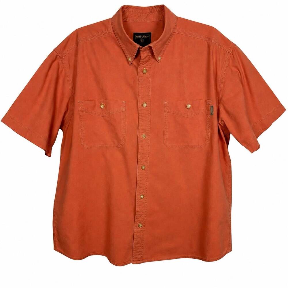 Y2K Woolrich Chambray Salmon Short Sleeve Cotton Camp Button Up Shirt Mens L